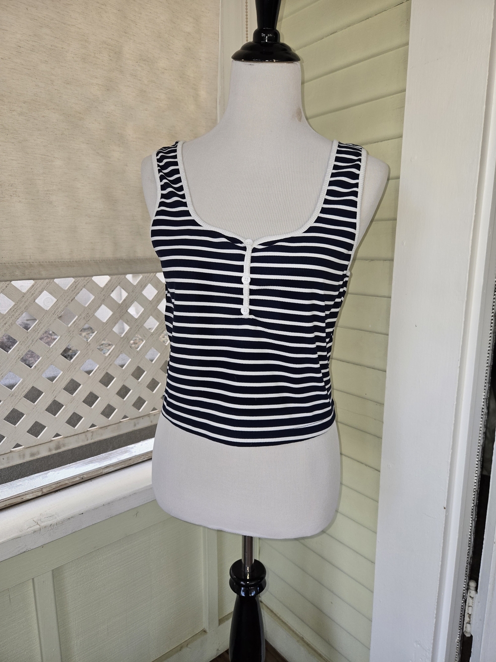 Cider Navy and White Striped Ribbed Henley Tank